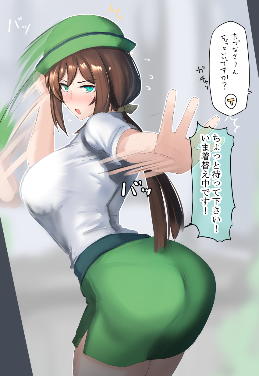 1girl, absurdres, ass, blush, bowler_hat, breasts, brown_hair, commentary_request
