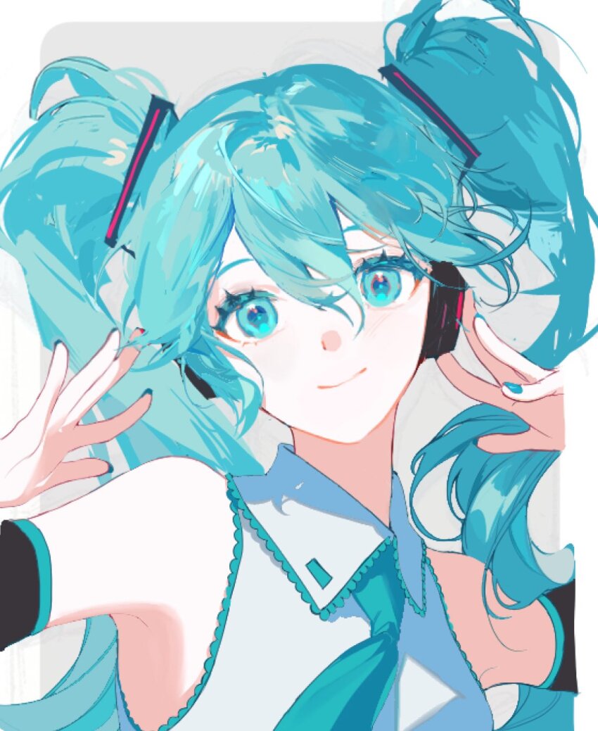 1girl, aqua_hair, aqua_nails, aqua_necktie, black_sleeves, closed_mouth, collared_shirt, commentary_request