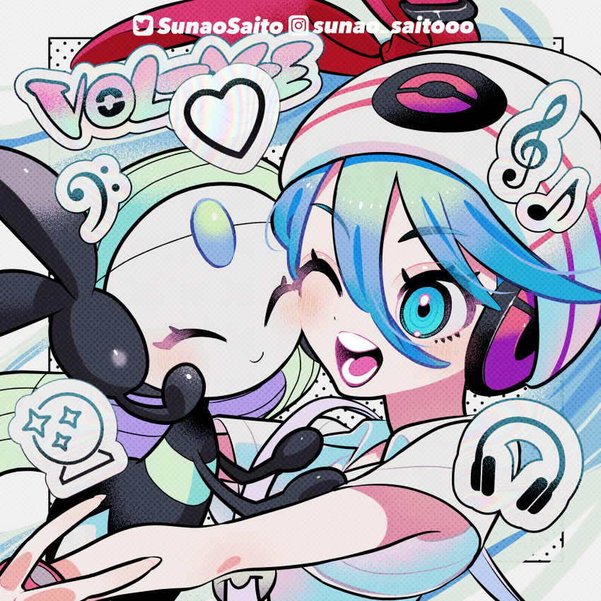 2girls, absurdres, aqua_eyes, aqua_hair, artist_name, beanie, blush, closed_eyes, closed_mouth, collared_shirt, cuddling, gen_5_pokemon, green_hair, hair_between_eyes, hair_ribbon, hat, hat_ornament, hatsune_miku, headphones, highres, legendary_pokemon, meloetta, multicolored_hair, multiple_girls, musical_note, musical_note_hat_ornament, mythical_pokemon, nintendo, official_alternate_costume, official_alternate_hairstyle, one_eye_closed, open_mouth, poke_ball_print, poke_ball_symbol, pokemon, pokemon_(creature), polo_shirt, project_voltage, psychic_miku_(project_voltage), ribbon, shirt, short_sleeves, smile, sunao_saito, twitter_username, vocaloid, white_hat, white_shirt