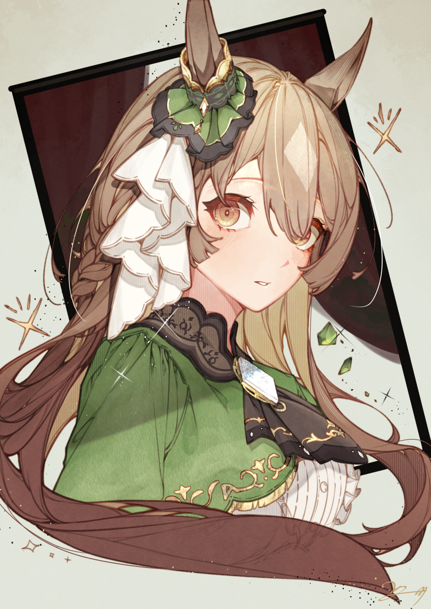 1girl, absurdres, animal_ears, ascot, blush, bow, braid, breasts, brown_ascot, brown_eyes, brown_hair, double-parted_bangs, dress, ear_ornament, ear_ribbon, green_jacket, hair_between_eyes, highres, horse_ears, horse_girl, jacket, long_hair, looking_at_viewer, multicolored_hair, parted_lips, satono_diamond_(umamusume), shikahisa_totani, solo, streaked_hair, umamusume, upper_body, very_long_hair, white_dress