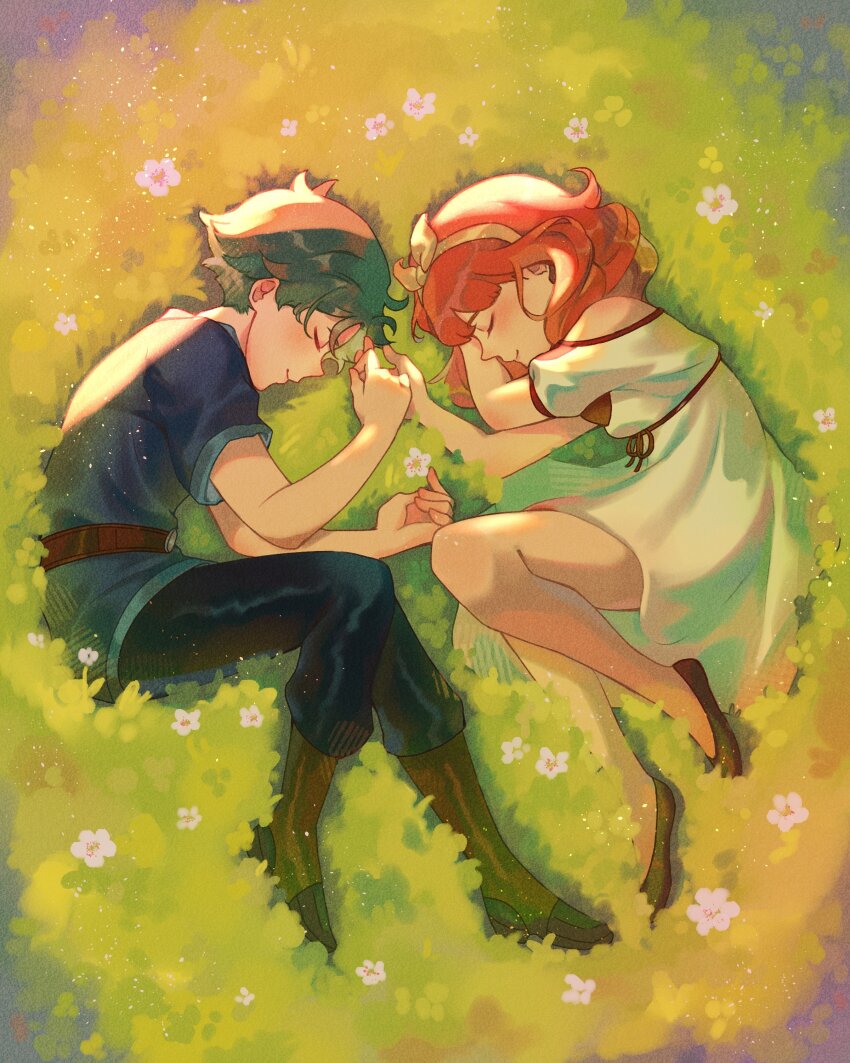 1boy, 1girl, absurdres, alm_(fire_emblem), belt, blue_shirt, blush, boots