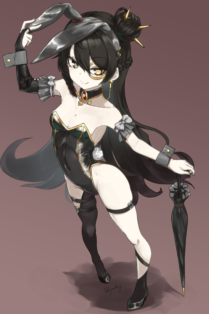 1girl, alternate_costume, animal_ear_hairband, animal_ears, arm_bow, arm_up, black_eyes, black_hair