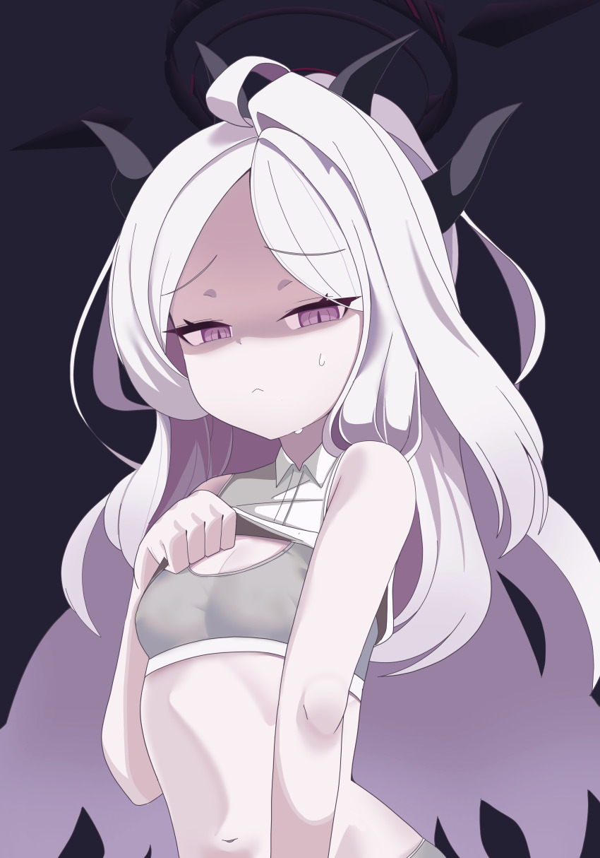 1girl, absurdres, ahoge, bare_shoulders, black_background, black_halo, black_horns, blue_archive