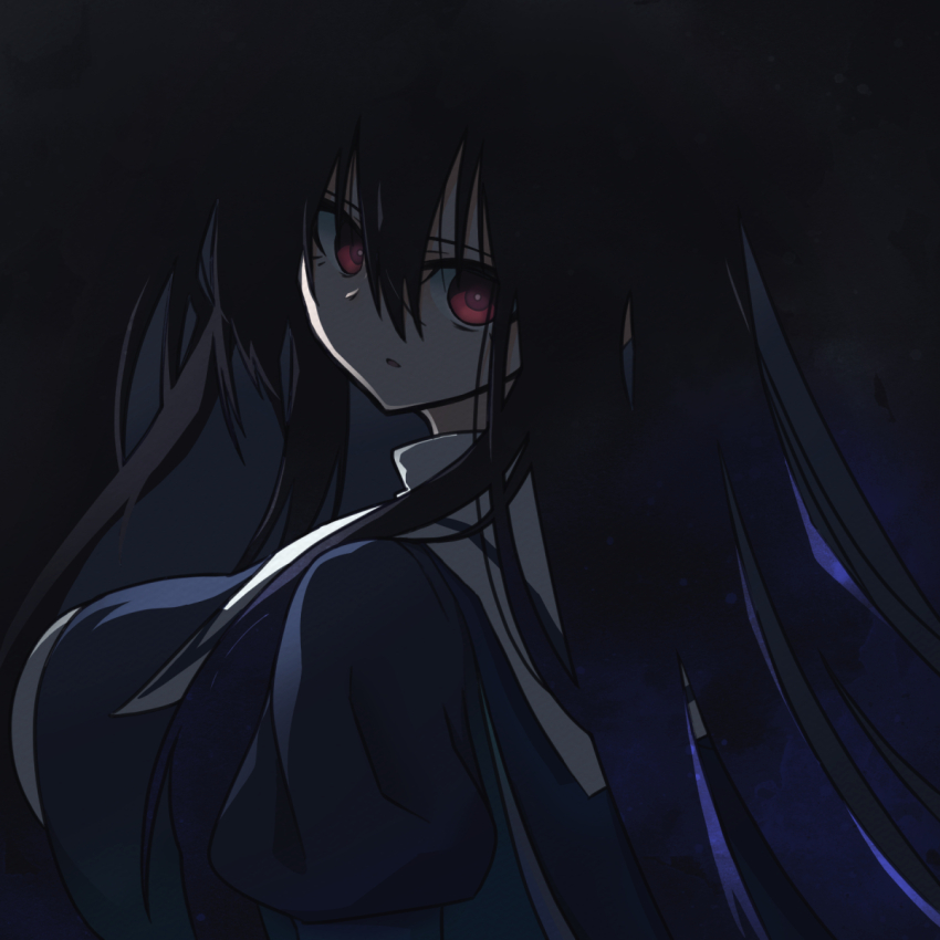 1girl, aoki_kaho, arm_at_side, assault_lily, backlighting, black_background, black_hair, breasts