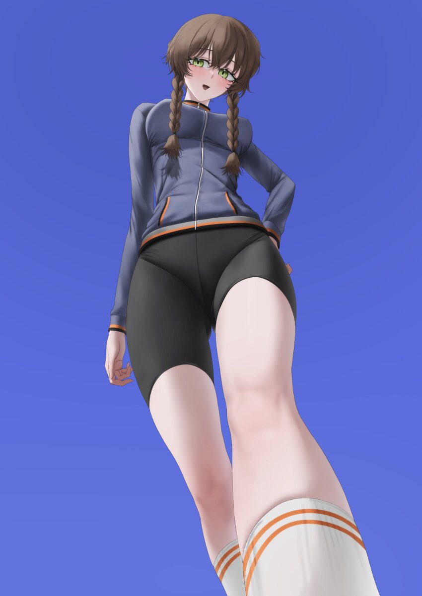 1girl, absurdres, amane_suzuha, biker_shorts, from_below, highres, legs, pale_skin, science_adventure, steins;gate, toned_legs