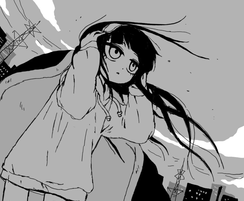 1girl, blunt_bangs, building, cloud, cowboy_shot, drawstring, dutch_angle, floating_hair