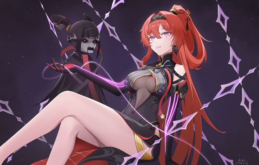 1girl, absurdres, bare_legs, bare_shoulders, black_bodysuit, black_gloves, black_hairband, black_shorts