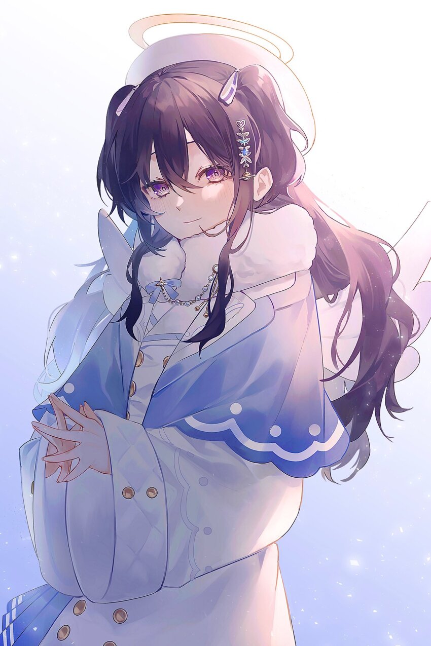 1girl, bingyue1121, black_hair, blue_capelet, blush, capelet, fur_collar, hair_ornament, hat, highres, ichinose_uruha, long_hair, long_sleeves, looking_at_viewer, purple_eyes, smile, solo, upper_body, virtual_youtuber, vspo!, white_wings, wide_sleeves, wings