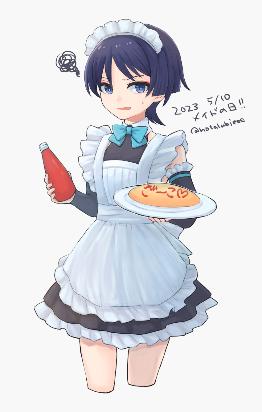 1boy, absurdres, alternate_costume, apron, black_dress, black_hair, black_sleeves, blue_bow