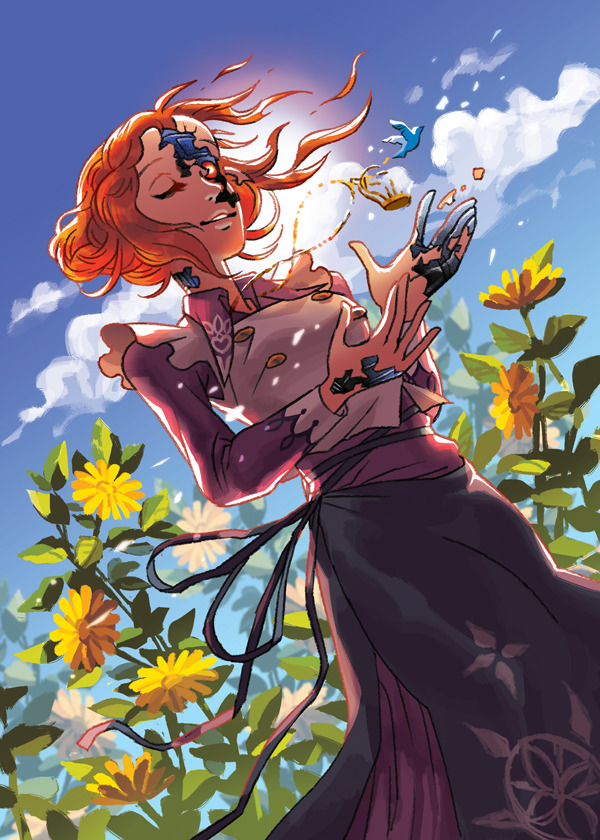 1girl, android, bird, blue_sky, bluebird, closed_eyes, cloud, commentary