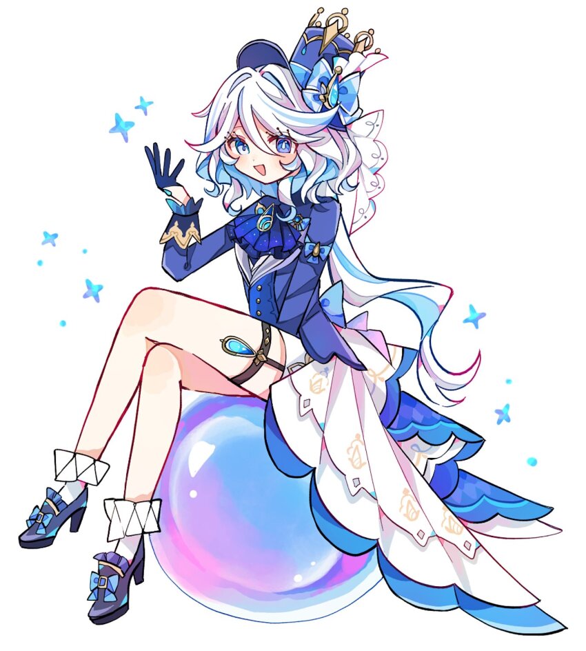 1girl, ascot, blue_ascot, blue_bow, blue_eyes, blue_gem, blue_gloves, blue_hat, blue_jacket, blue_pupils, blue_shoes, blue_streaks, bow, bubble, commentary, crossed_legs, drop-shaped_pupils, footwear_bow, full_body, furina_(genshin_impact), gem, genshin_impact, gloves, hair_between_eyes, hand_up, hat, hat_bow, heterochromia, high_heels, highres, jacket, long_hair, long_sleeves, looking_at_viewer, multicolored_hair, on_bubble, open_mouth, ouji_fashion, shoes, simple_background, sitting, solo, streaked_hair, symbol-shaped_pupils, teardrop-shaped_gem, thigh_strap, top_hat, tori26, very_long_hair, white_background, white_hair