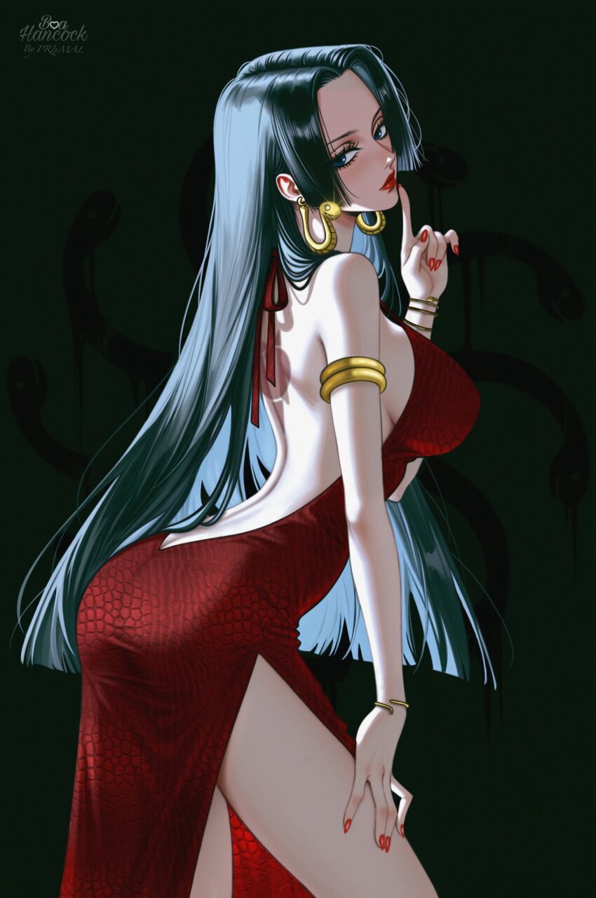 1girl, ai-assisted, arched_back, armlet, artist_name, ass, backless_dress, backless_outfit, bare_shoulders, black_hair, blue_eyes, boa_hancock, bracelet, breasts, butt_crack, cowboy_shot, dark_background, dim_lighting, dress, earrings, film_grain, finger_to_mouth, from_side, green_background, hand_on_own_thigh, highres, index_finger_raised, jewelry, large_breasts, lipstick, long_hair, looking_at_viewer, makeup, nail_polish, one_piece, prixmal, red_dress, red_lips, red_nails, side_slit, sideboob, sidelighting, sideways_glance, simple_background, slave_brand, snake_earrings, snake_print, solo, straight_hair, thighs, very_long_hair