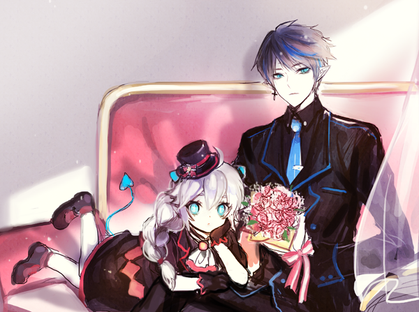 1boy, 1girl, alternate_costume, alternate_hairstyle, ascot, black_dress, black_shirt, black_suit