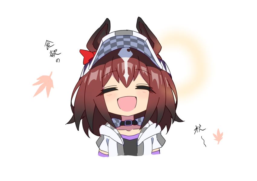 1girl, animal_ears, autumn_leaves, black_choker, bow, brown_hair, buckle, checkered_clothes