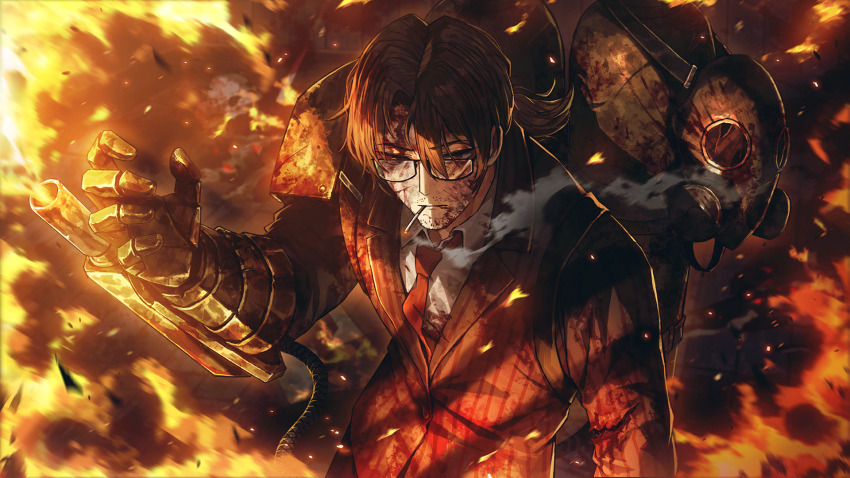 1boy, armor, beard_stubble, blood, blood_on_clothes, blood_on_face, brown_eyes, brown_hair