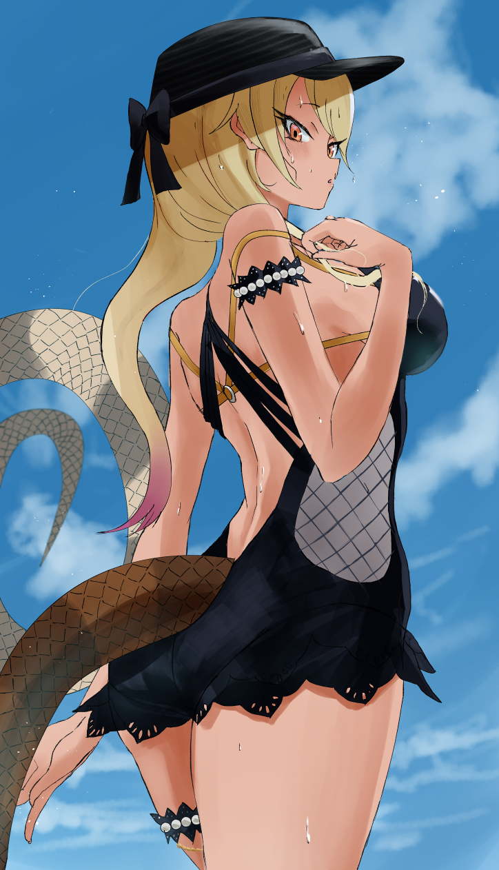 1girl, arm_at_side, armlet, back, bead_armlet, beads, blonde_hair, breasts