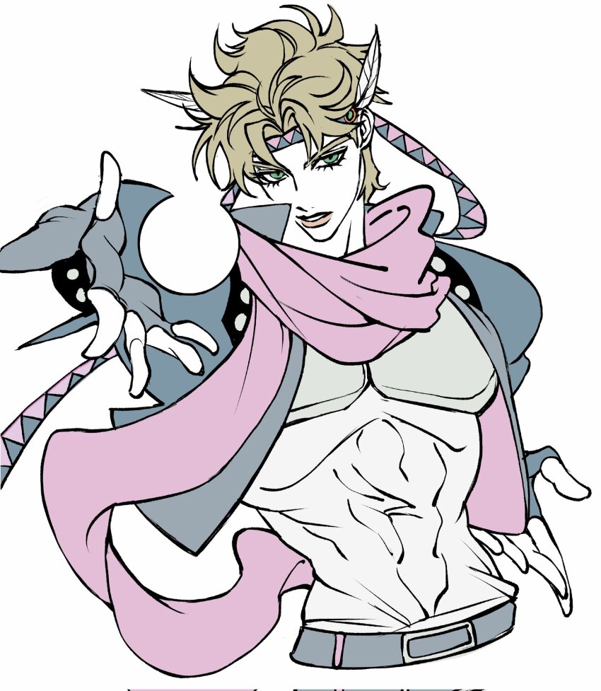 1boy, abs, battle_tendency, belt, blending, blonde_hair, blue_headband, blue_jacket