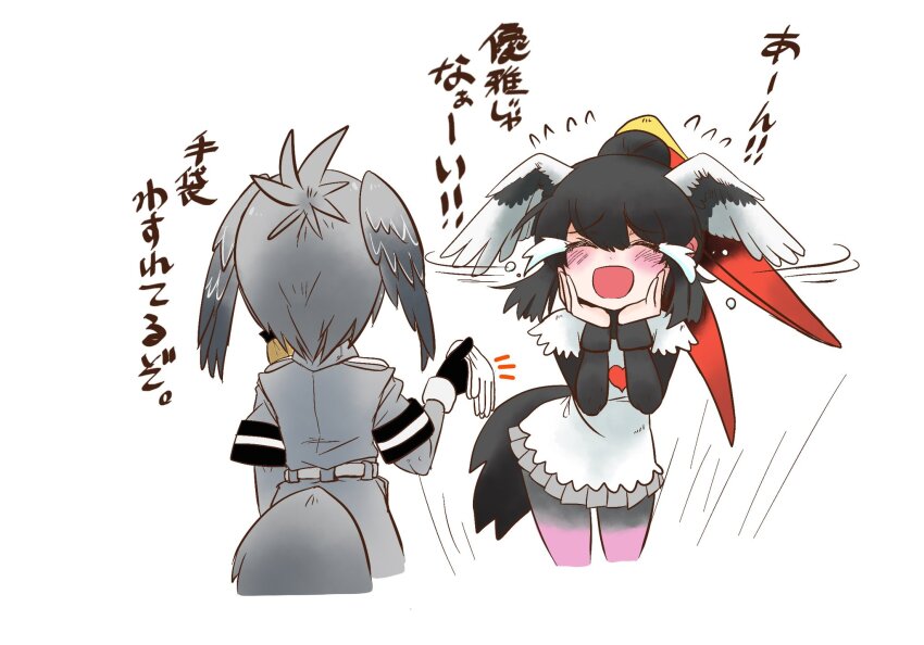 2girls, bird_girl, bird_tail, bird_wings, black_gloves, black_hair, black_pantyhose, black_shirt