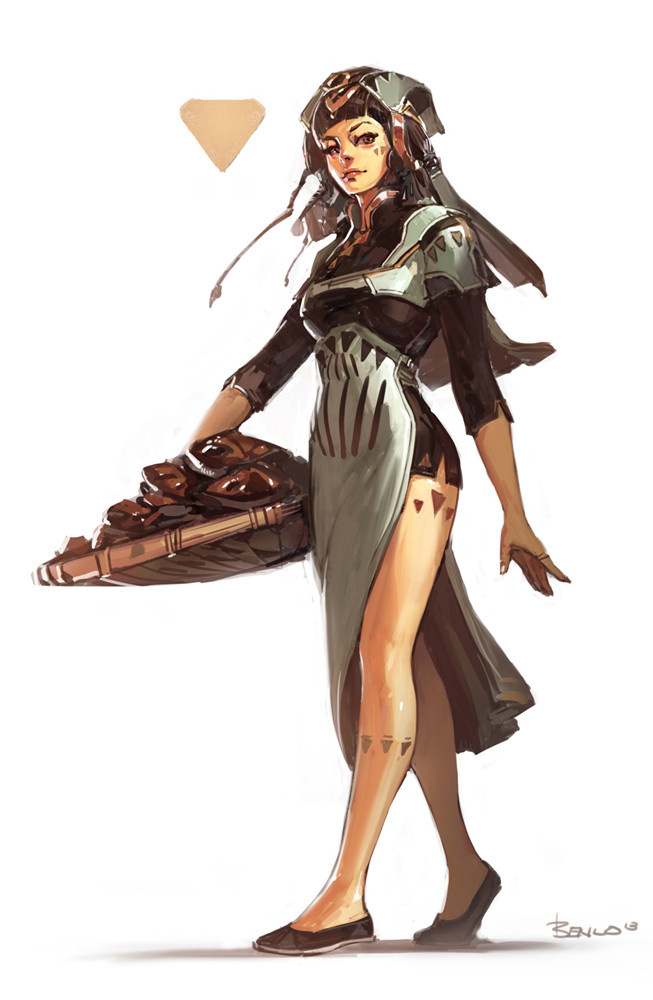 1girl, armor, basket, ben_lo, brown_hair, brown_shirt, brown_slippers, facial_mark