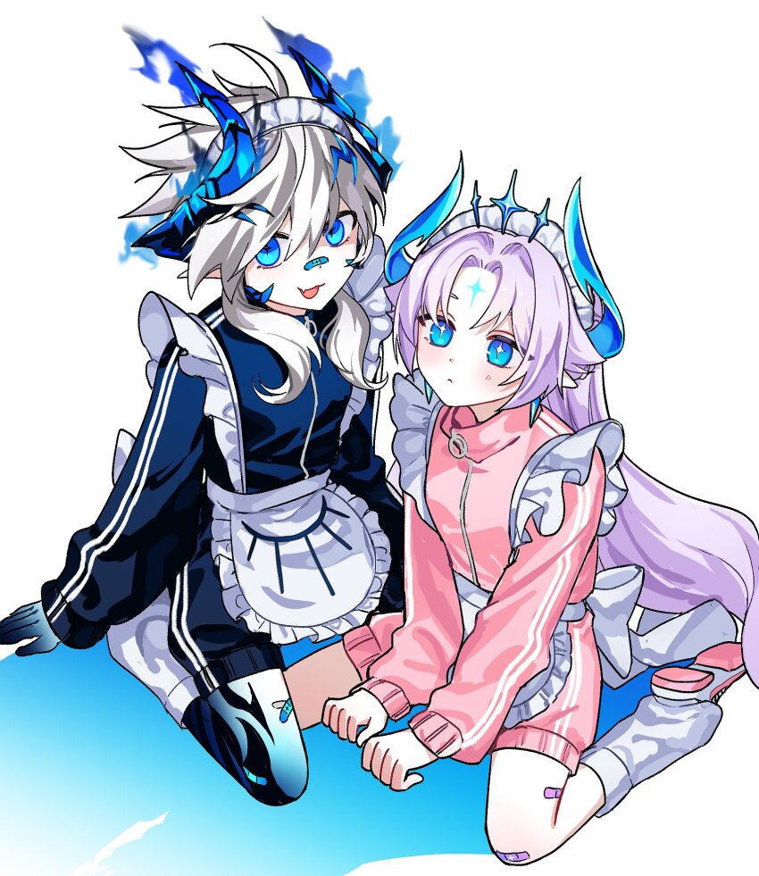 2girls, alternate_costume, apron, back_ribbon, bandaid, bandaid_on_face, bandaid_on_leg, bandaid_on_nose, black_hands, blue_eyes, blue_hands, blue_horns, blue_track_suit, blush, body_markings, colored_extremities, demon_girl, demon_horns, dual_persona, elsword, facial_mark, fang, forehead_mark, frilled_apron, frills, highres, horns, iblis_(elsword), ishtar_(elsword), jacket, jersey_maid, long_hair, long_sleeves, looking_at_viewer, loose_socks, luciela_r._sourcream, maid, maid_apron, maid_headdress, multiple_girls, on_ground, open_mouth, pants, pink_shoes, pink_track_suit, pointy_ears, purple_hair, shoes, shorts, shu_pernova, sitting, skin_fang, smile, socks, symbol-shaped_pupils, track_jacket, track_pants, track_suit, unconventional_maid, wariza, white_hair