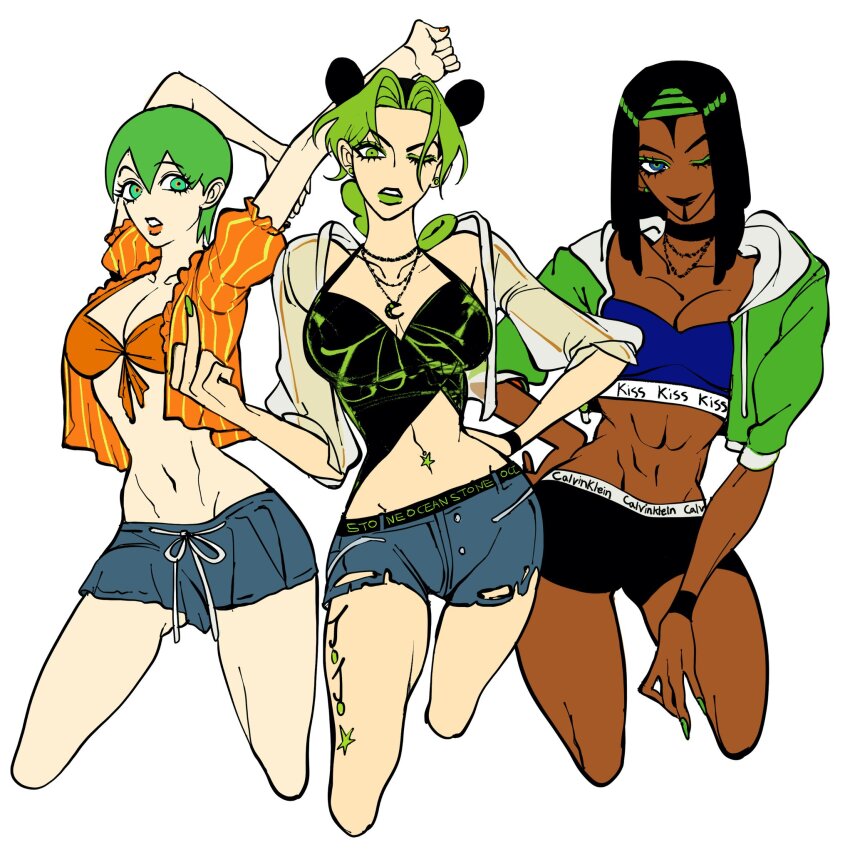 3girls, abs, alternate_costume, bikini, black_choker, black_hair, black_shorts, blue_bra, blue_eyes, blue_tube_top, bra, braid, breasts, choker, clamchowder55, cleavage, commentary, crop_top, cutoffs, dark-skinned_female, dark_skin, denim, denim_shorts, double_bun, dreadlocks, ermes_costello, eyeliner, foo_fighters_(jojo), front-tie_top, green_eyeliner, green_eyes, green_hair, green_hairband, green_jacket, green_lips, green_nails, grey_hood, hair_bun, hairband, hand_on_own_hip, highres, hood, hood_down, jacket, jewelry, jojo_no_kimyou_na_bouken, kuujou_jolyne, leg_tattoo, makeup, medium_breasts, middle_finger, midriff, multicolored_hair, multiple_girls, navel, navel_piercing, necklace, no_nose, one_eye_closed, open_clothes, open_jacket, orange_bikini, orange_shirt, piercing, see-through_clothes, see-through_shirt, shirt, short_hair, short_shorts, shorts, sports_bra, stone_ocean, strapless, stretching, swimsuit, untranslatable_commentary, tattoo, torn_clothes, torn_shorts, tube_top, two-tone_hair, underwear, white_background