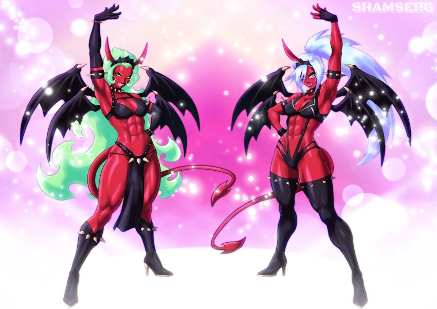 2girls, abs, arm_up, armpits, bat_wings, blue_hair, breasts, cleavage