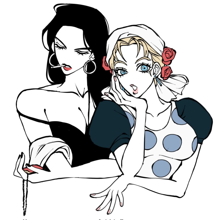 2girls, apron, bandana, bare_shoulders, battle_tendency, black_dress, black_hair, blonde_hair, blue_dress, blue_eyes, breasts, cigarette, clamchowder55, cleavage, closed_eyes, commentary_request, dress, earrings, flower, flower_ornament, hair_flower, hair_ornament, headscarf, highres, hoop_earrings, jewelry, jojo_no_kimyou_na_bouken, korean_commentary, large_breasts, lisa_lisa, long_hair, makeup, multiple_girls, no_nose, off_shoulder, pink_lips, pink_nails, polka_dot, polka_dot_apron, puffy_sleeves, red_lips, red_stone_of_aja, rose, suzi_q, white_headscarf