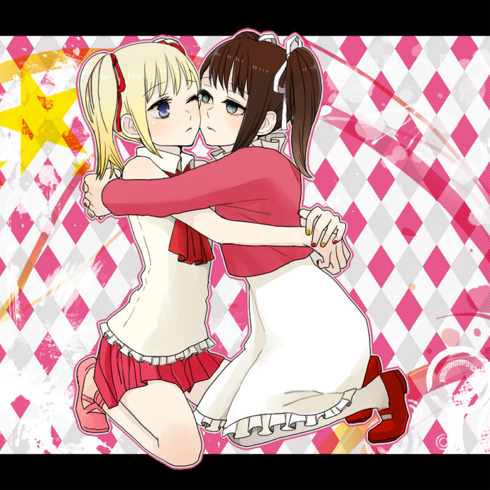 blonde_hair, blue_eyes, brown_hair, dress, eden_no_ori, green_eyes, hug, isurugi_miina, long_hair, nail_polish, ribbon, skirt, trap