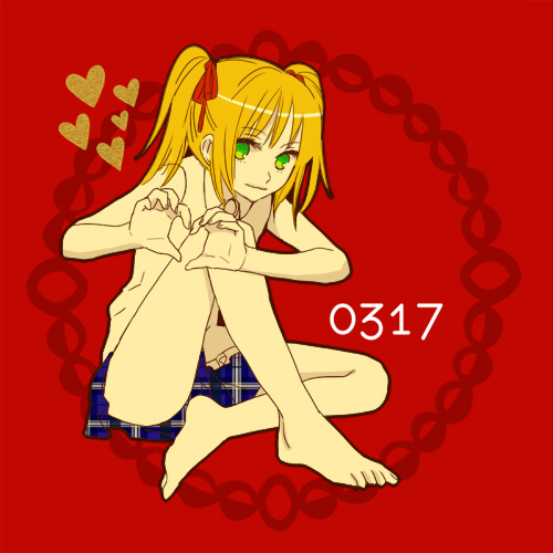 blonde_hair, eden_no_ori, green_eyes, isurugi_miina, lowres, sitting, skirt, trap