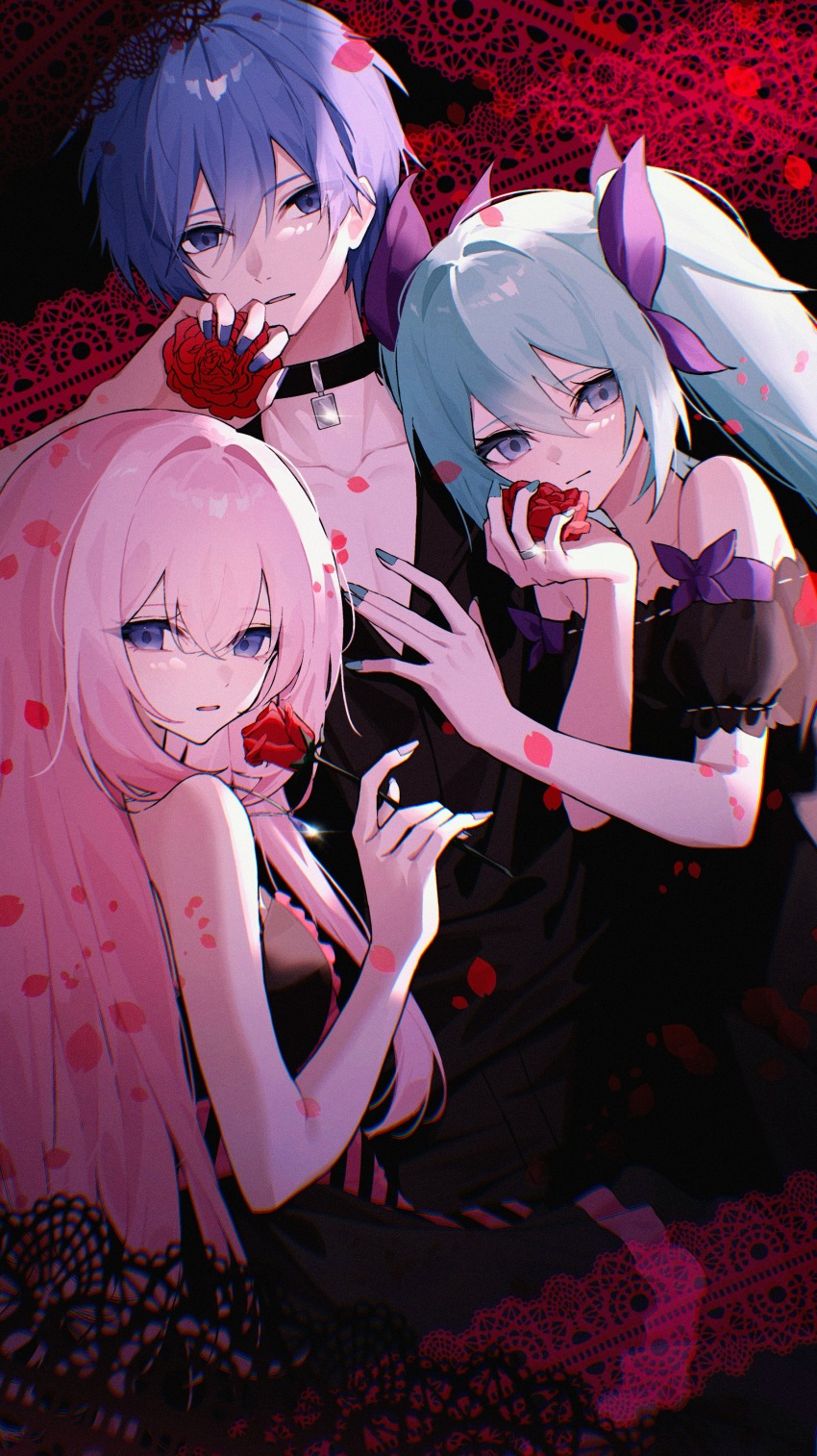 1boy, 2girls, absurdres, acute_(vocaloid), backlighting, bare_arms, bare_shoulders, black_background