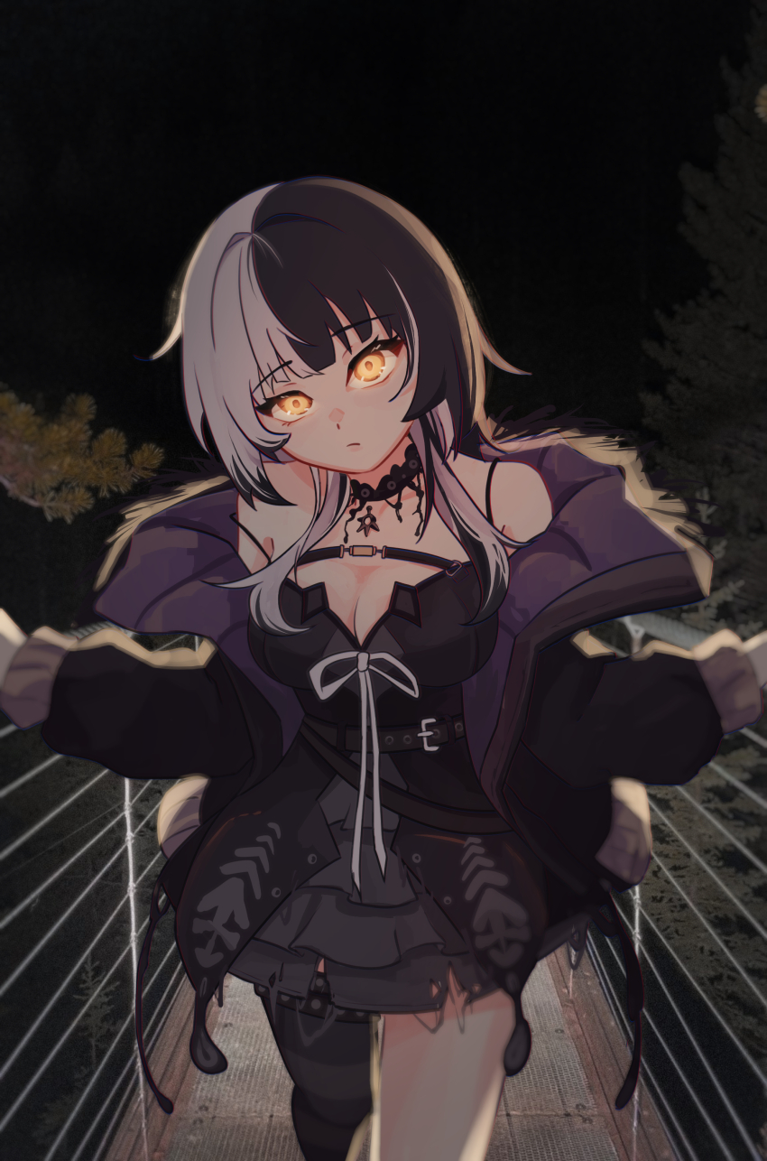 1girl, absurdres, black_choker, black_coat, black_dress, black_hair, black_thighhighs, breasts, bridge, choker, cleavage, closed_mouth, coat, dress, fur-trimmed_coat, fur_trim, grey_hair, highres, hololive, hololive_english, iennie, large_breasts, long_hair, looking_at_viewer, multicolored_hair, night, outdoors, pedestrian_bridge, ribbon, shiori_novella, shiori_novella_(1st_costume), single_thighhigh, solo, split-color_hair, striped_clothes, striped_thighhighs, thighhighs, two-tone_hair, virtual_youtuber, white_ribbon, yellow_eyes