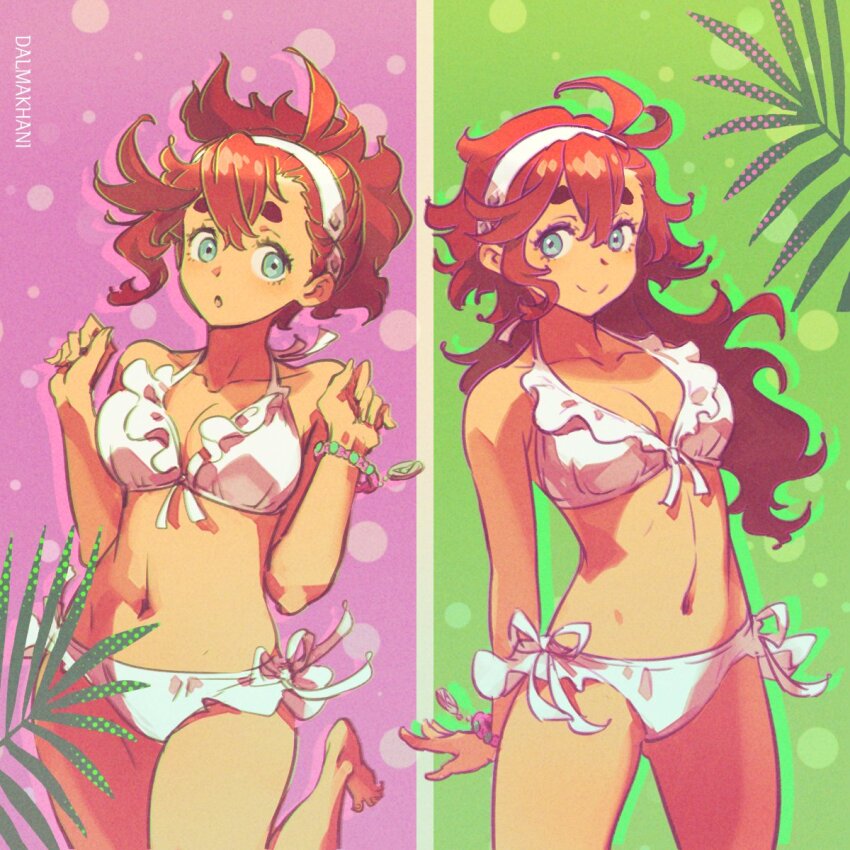 1girl, ahoge, alternate_hairstyle, artist_name, bikini, blue_eyes, bracelet, breasts