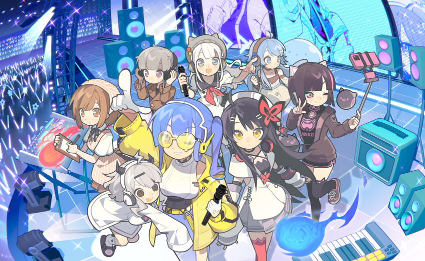 6+girls, :d, ;3, @_@, absurdres, ahoge, animal_ears, apron, artist_request, asakura_neko, audience, beanie, belt, beret, black_eyes, black_hair, black_horns, black_jacket, black_ribbon, black_sailor_collar, black_shirt, black_shoes, black_shorts, black_slippers, black_thighhighs, blue_eyes, blue_hair, blue_shorts, blunt_bangs, blunt_ends, blush, bob_cut, brown_coat, brown_eyes, brown_hair, brown_skirt, butterfly_hair_ornament, cat_ears, cellphone, chelsea_(voez), clipboard, closed_mouth, coat, collared_shirt, crossover, cytus, cytus_ii, deemo, deemo_ii, detached_sleeves, dress, echo_(deemo), fake_animal_ears, fake_horns, framed_breasts, geopelia, gloves, grey_hair, grey_hat, hair_ornament, hairclip, halterneck, hands_on_headphones, hat, headphones, headphones_around_neck, headscarf, highres, holding, holding_clipboard, holding_microphone, holding_pen, horned_headwear, horns, ilot_(rotaeno), instrument, jacket, keyboard_(instrument), kiwi_(rizline), lightning_bolt_symbol, lightstick, long_hair, long_sleeves, marija_(muse_dash), meowbot, microphone, multicolored_eyes, multicolored_hair, multiple_crossover, multiple_girls, muse_dash, neck_ribbon, neckerchief, official_art, one_eye_closed, one_side_up, open_mouth, pen, phigros, phone, pink_apron, pink_headscarf, pink_streaks, pointing, pointing_up, psd_available, puffy_short_sleeves, puffy_sleeves, purple_eyes, q-chan_(yunyun_denpa_syndrome), rainbow_eyes, red_neckerchief, red_thighhighs, ribbon, rizline, rotaeno, sailor_collar, sailor_dress, scrunchie, second-party_source, selfie_stick, sharp_teeth, shirt, shoes, short_hair, short_sleeves, shorts, sidelocks, single_thighhigh, skirt, sleeveless, sleeveless_sweater, sleeves_past_fingers, sleeves_past_wrists, slippers, smartphone, smile, sneakers, socks, sparkle, speaker, stage, stage_lights, streaked_hair, striped_apron, striped_clothes, sunglasses, sweater, teeth, thighhighs, tinted_eyewear, trench_coat, two-tone_hair, variant_set, vertical-striped_apron, vertical-striped_clothes, voez, w, white_dress, white_gloves, white_hair, white_hat, white_jacket, white_shirt, white_sleeves, white_socks, white_sweater, wrist_scrunchie, yellow-tinted_eyewear, yellow_belt, yellow_eyes, yellow_jacket, yoso_(rizline), yunyun_denpa_syndrome
