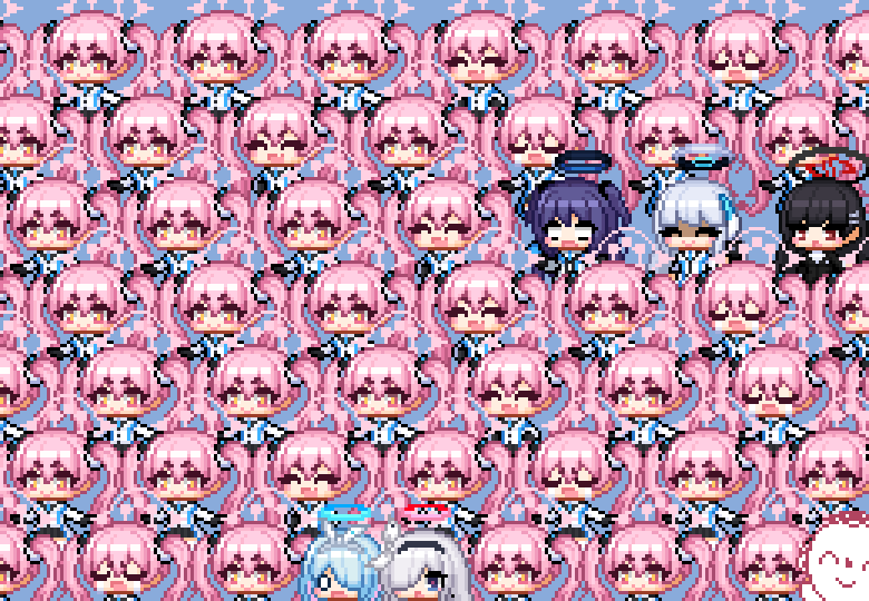 1boy, 6+girls, arona_(blue_archive), black_hair, black_jacket, blue_archive, blue_archive_2025_hack, blue_hair, blue_necktie, chibi, clone, commentary, crying, doodle_sensei_(blue_archive), fang, grey_hair, hair_ornament, hair_over_one_eye, hairband, hairclip, halo, jacket, koyuki_(blue_archive), long_hair, long_sleeves, multiple_girls, necktie, noa_(blue_archive), pink_hair, pixel_art, plana_(blue_archive), purple_hair, redforge, rio_(blue_archive), sensei_(blue_archive), shaded_face, smile, streaming_tears, tears, too_many, twintails, v-shaped_eyebrows, white_jacket, yuuka_(blue_archive)