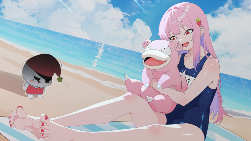 1girl, :d, absurdres, animal, barefoot, beach, blue_one-piece_swimsuit, cloud