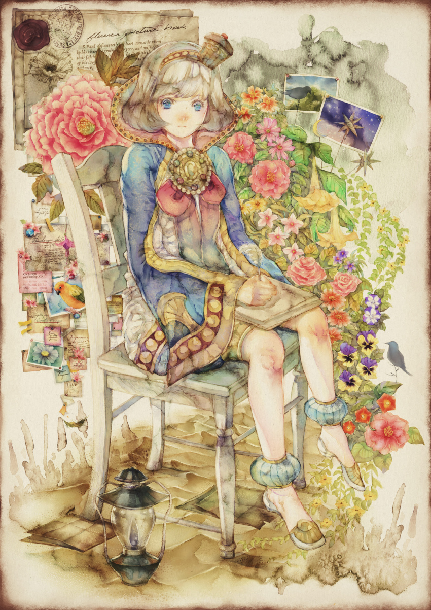 1girl, bad_id, bad_pixiv_id, bird, blue_eyes, bob_cut, chair, feathers, female_focus, flower, gensou_suikoden, gensou_suikoden_tierkreis, grey_hair, hair_ornament, hairband, highres, lamp, leaf, letter, manaril_(suikoden), paper, pen, photo_(object), pink_flower, pink_rose, rose, short_hair, sitting, solo, writing, yogisya