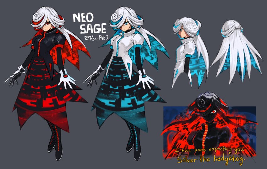 1girl, absurdres, aged_up, alternate_costume, alternate_hair_length, alternate_hairstyle, artist_name, black_jacket, black_skirt, blue_hair, character_name, closed_mouth, colored_inner_hair, commentary, empty_eyes, english_commentary, english_text, frown, full_body, gloves, glowing, glowing_hair, grey_background, hair_over_one_eye, highres, jacket, kornart, long_hair, multicolored_hair, multiple_views, neo_sage_(kornart), puffy_short_sleeves, puffy_sleeves, red_eyes, red_hair, reference_sheet, sage_(sonic), shaded_face, short_sleeves, simple_background, skirt, sonic_(series), twitter_username, white_gloves, white_hair, white_jacket