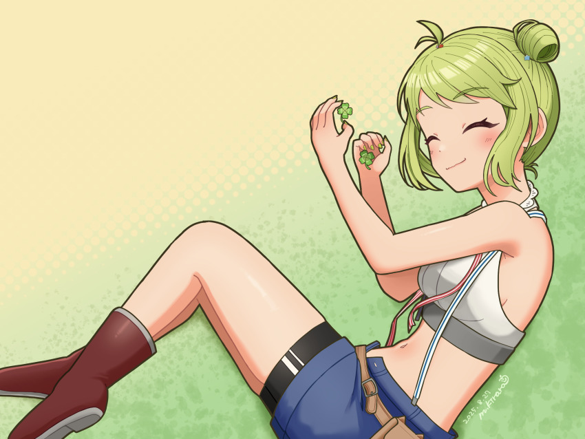 1girl, artist_name, azur_lane, blue_shorts, blush, breasts, brown_shoes, closed_eyes