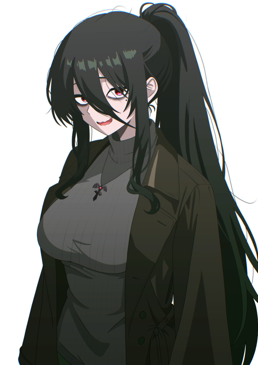 1girl, absurdres, black_coat, breasts, character_request, coat, copyright_request, grey_sweater