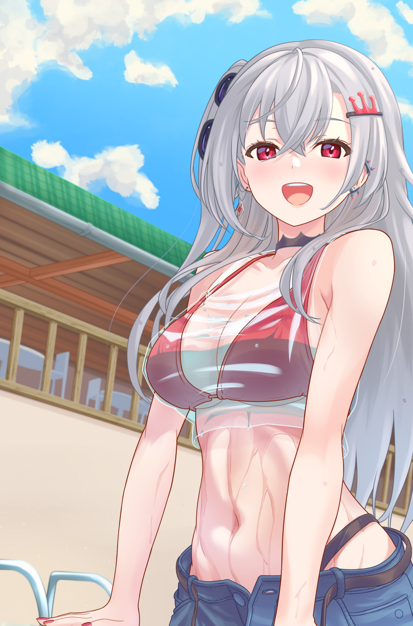 1girl, absurdres, bikini, breasts, crown_hair_ornament, denim, denim_shorts, earclip