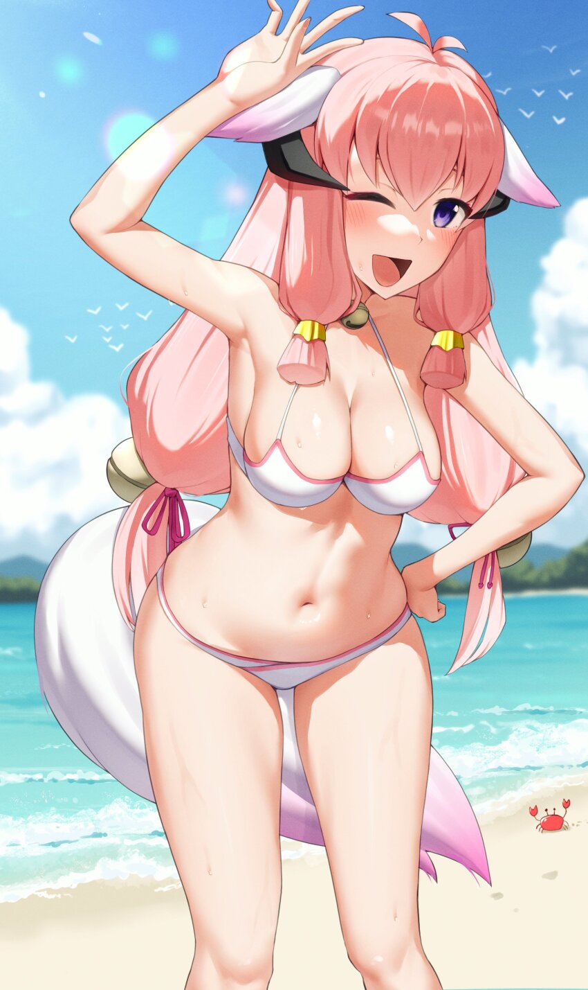 1girl, absurdres, animal_ears, beach, bikini, breasts, crab, fox_tail