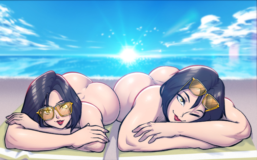 2girls, ass, beach, black_hair, butt_crack, completely_nude, deviantart_username, highres
