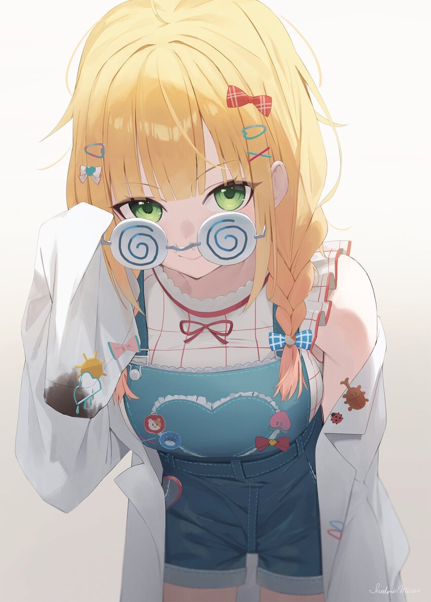 1girl, :>, artist_name, blonde_hair, braid, center-flap_bangs, closed_mouth, coat