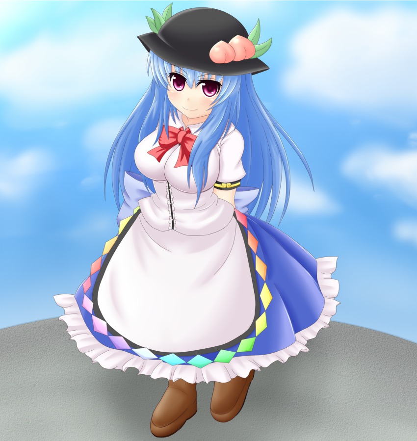 1girl, arms_behind_back, b.leaf, blue_hair, boots, bow, breasts, cloud