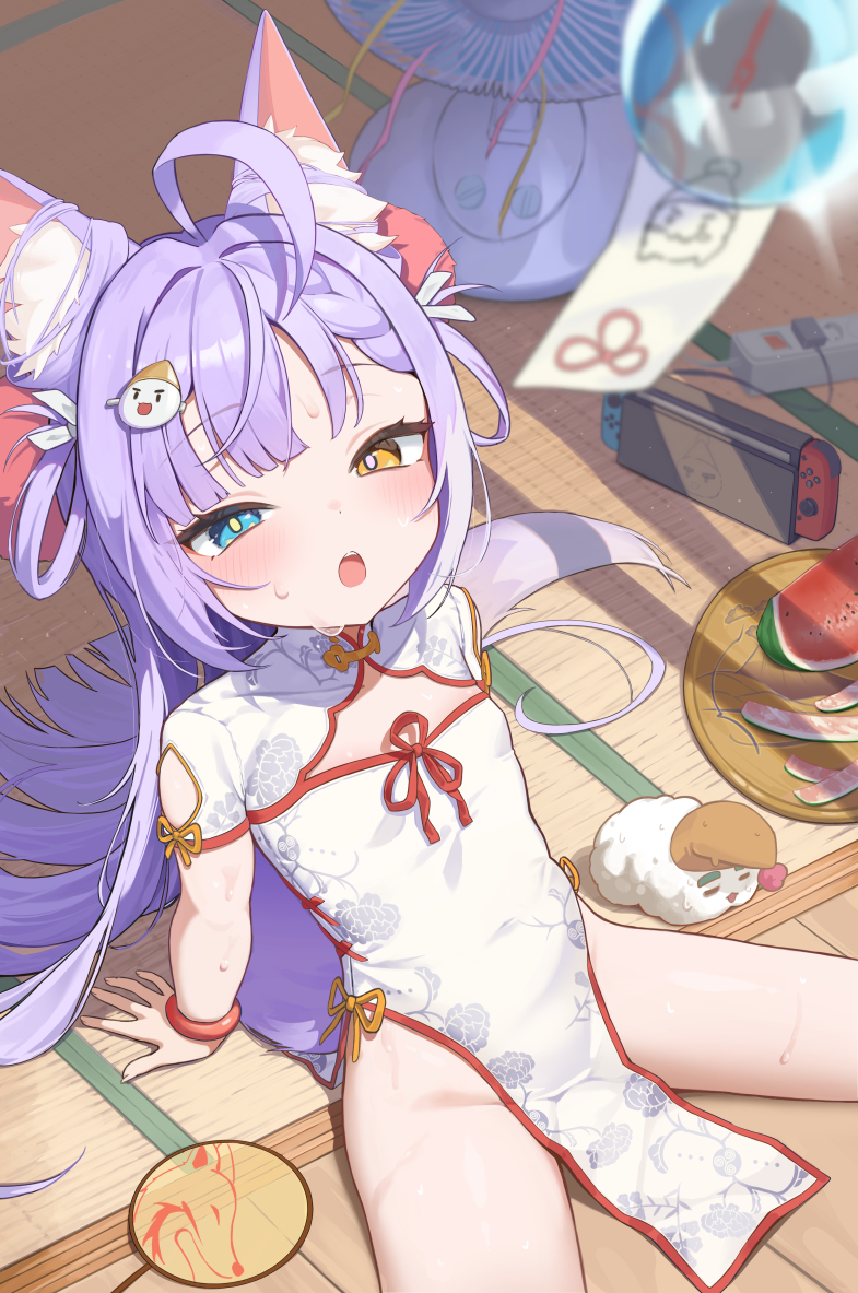 1girl, :o, ahoge, animal_ears, arm_support, blue_eyes, blurry, blurry_foreground, blush, bracelet, braid, braided_bangs, bright_pupils, china_dress, chinese_clothes, chinese_commentary, cleavage_cutout, clothing_cutout, commentary_request, dot_nose, dress, electric_fan, emma_0215, fake_animal_ears, flat_chest, food, fox_ears, fox_girl, fox_tail, fruit, hair_ornament, hand_fan, handheld_game_console, heterochromia, hot, huge_ahoge, inari_(tenko_shibuki), jewelry, long_hair, looking_at_viewer, multicolored_hair, nintendo_switch, open_mouth, pelvic_curtain, power_strip, purple_hair, short_sleeves, shoulder_cutout, sitting, solo, stellive, sweat, tail, tatami, tenko_shibuki, tuanshan, two-tone_hair, very_long_hair, virtual_youtuber, watermelon, watermelon_slice, white_dress, white_hair, white_pupils, wind_chime, yellow_eyes, yellow_pupils