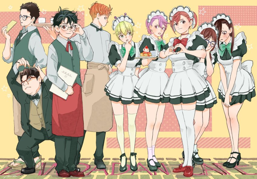 4boys, 5girls, adjusting_eyewear, alien, antennae, apron, aqua_bow, aqua_bowtie