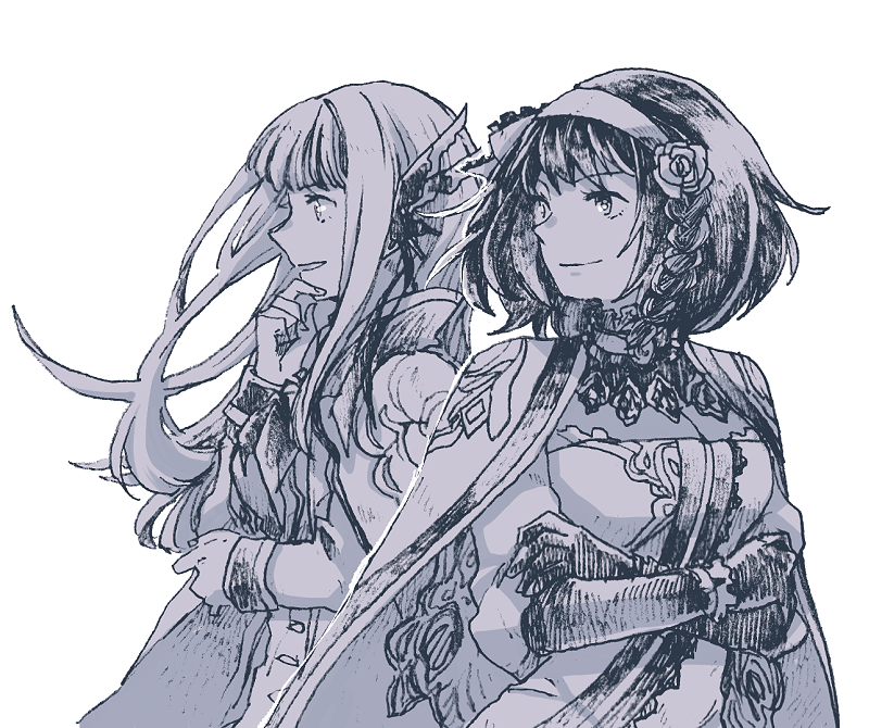 2girls, another_eden, arm_across_waist, braid, breasts, cape, cleavage, closed_mouth