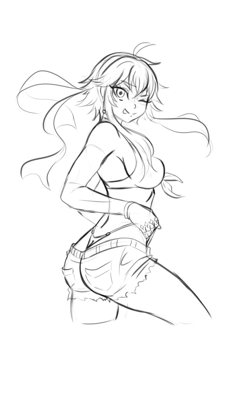 1girl, ;p, absurdres, anander0, bikini, bikini_bottom_pull, bikini_bottom_under_shorts, bikini_under_clothes