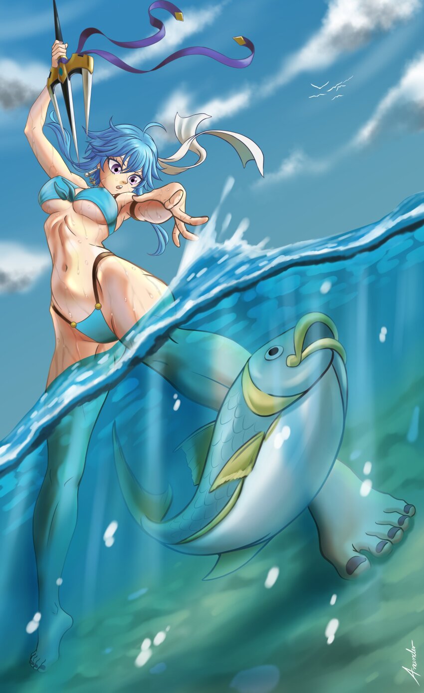 1girl, absurdres, ahoge, anander0, armlet, bare_legs, bikini, bird