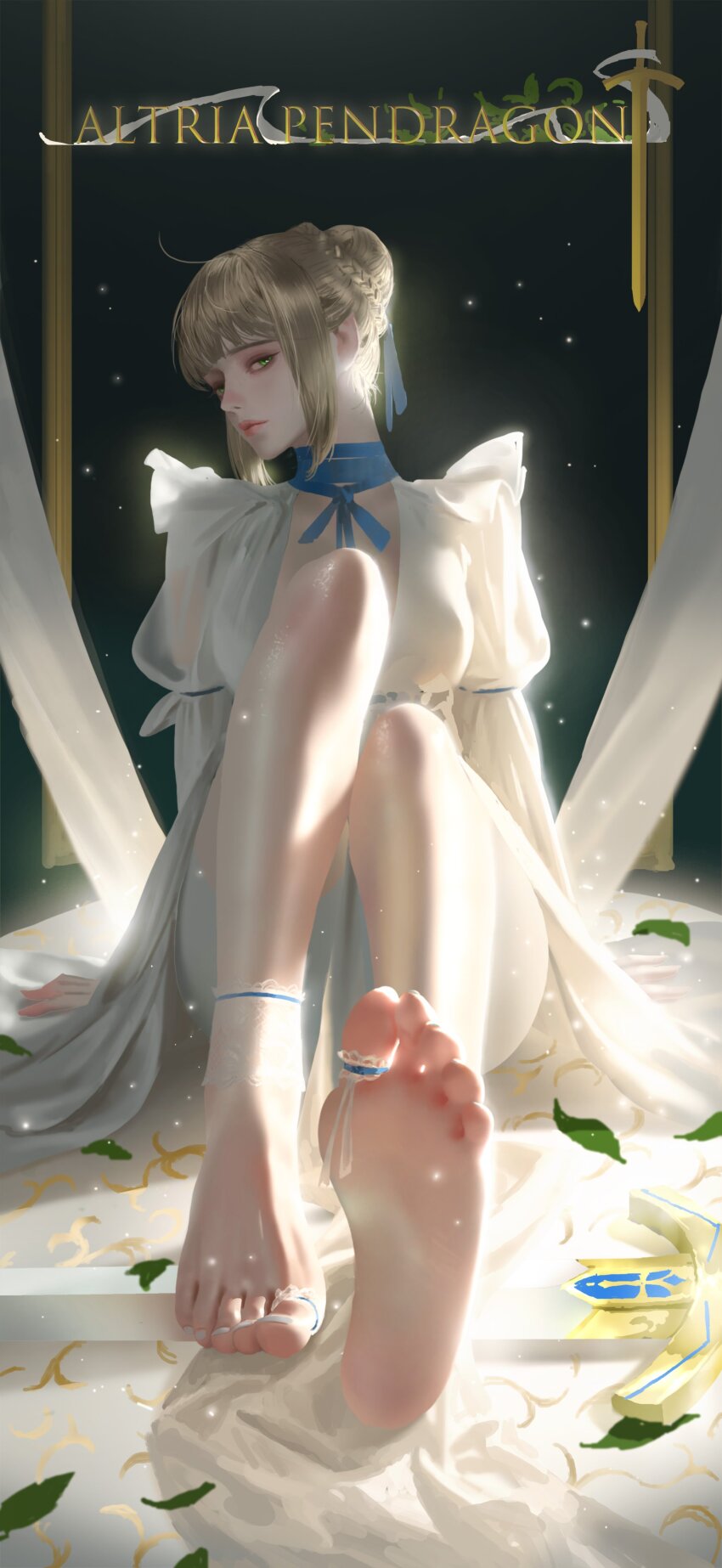 1girl, absurdres, alternate_costume, artoria_pendragon_(fate), barefoot, blonde_hair, blue_ribbon, character_name